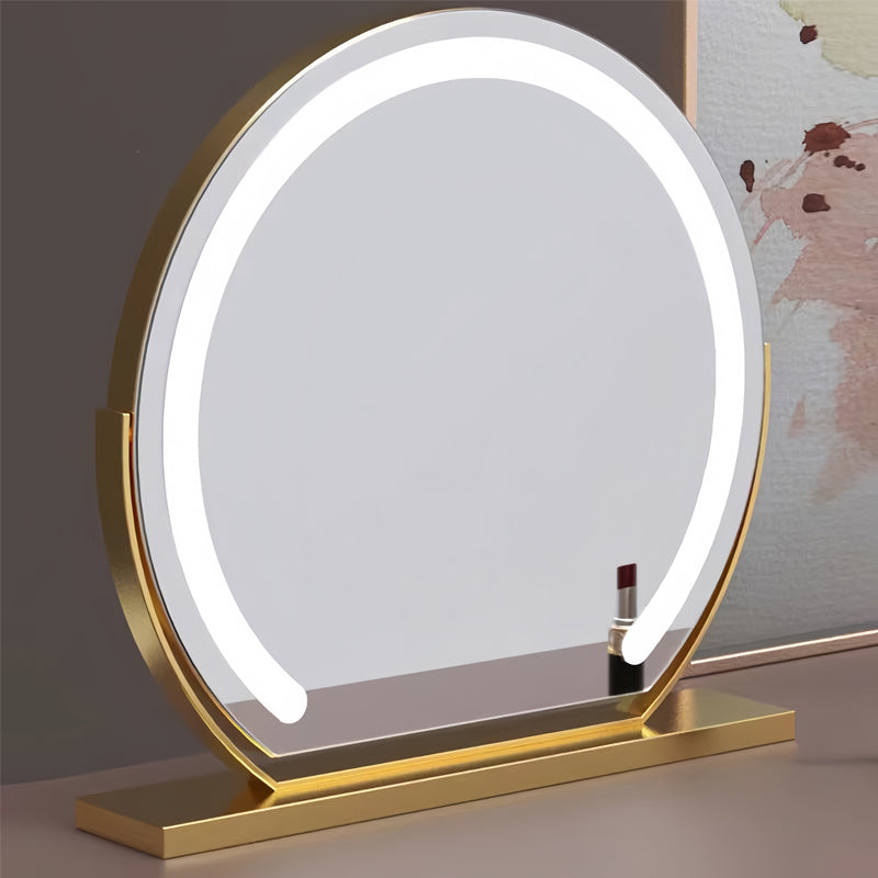 "Elegant smart LED vanity mirror with touch control, adjustable lighting, and 360° rotation for perfect makeup application."