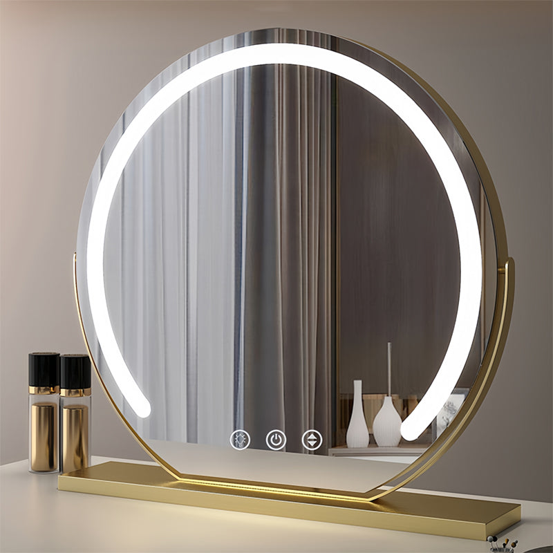 "Elegant smart LED vanity mirror with touch control, adjustable lighting, and 360° rotation for perfect makeup application."