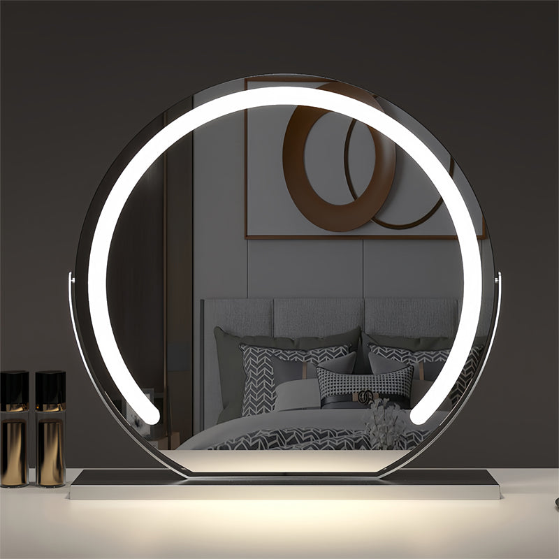 "Elegant smart LED vanity mirror with touch control, adjustable lighting, and 360° rotation for perfect makeup application."