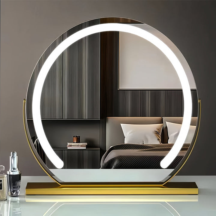 "Elegant smart LED vanity mirror with touch control, adjustable lighting, and 360° rotation for perfect makeup application."
