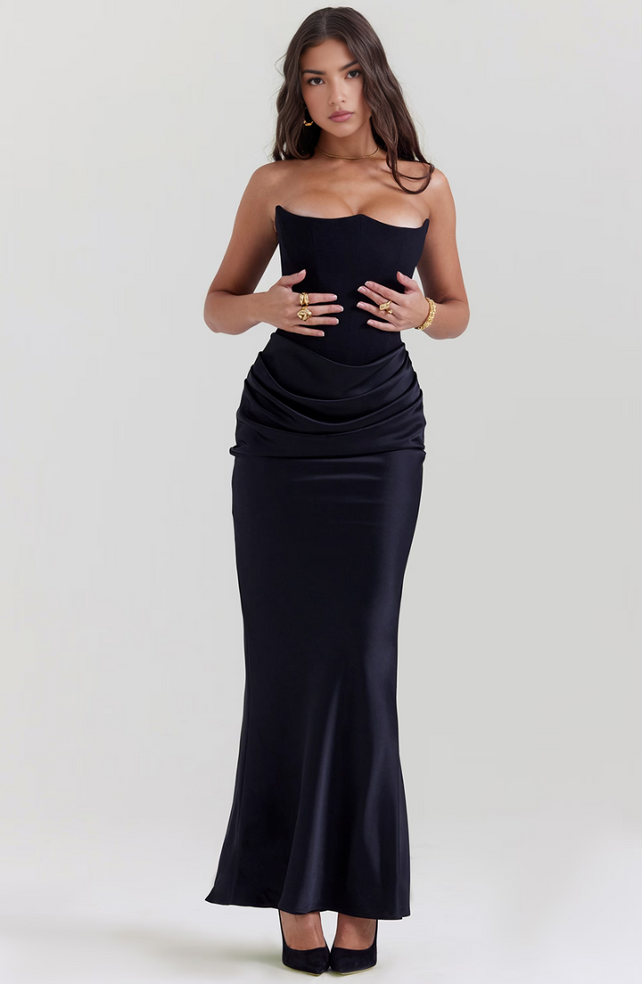 White strapless corset maxi dress for women, a chic and elegant summer party dress.