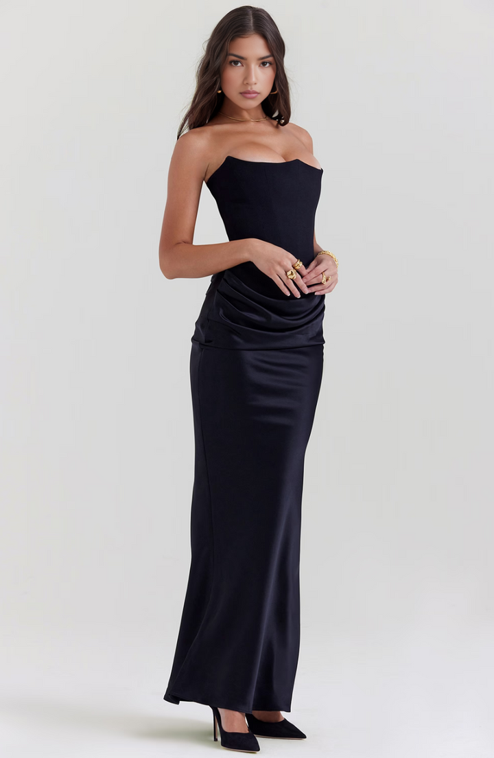 Pink elegant strapless corset maxi dress, perfect for women's sophisticated party fashion.