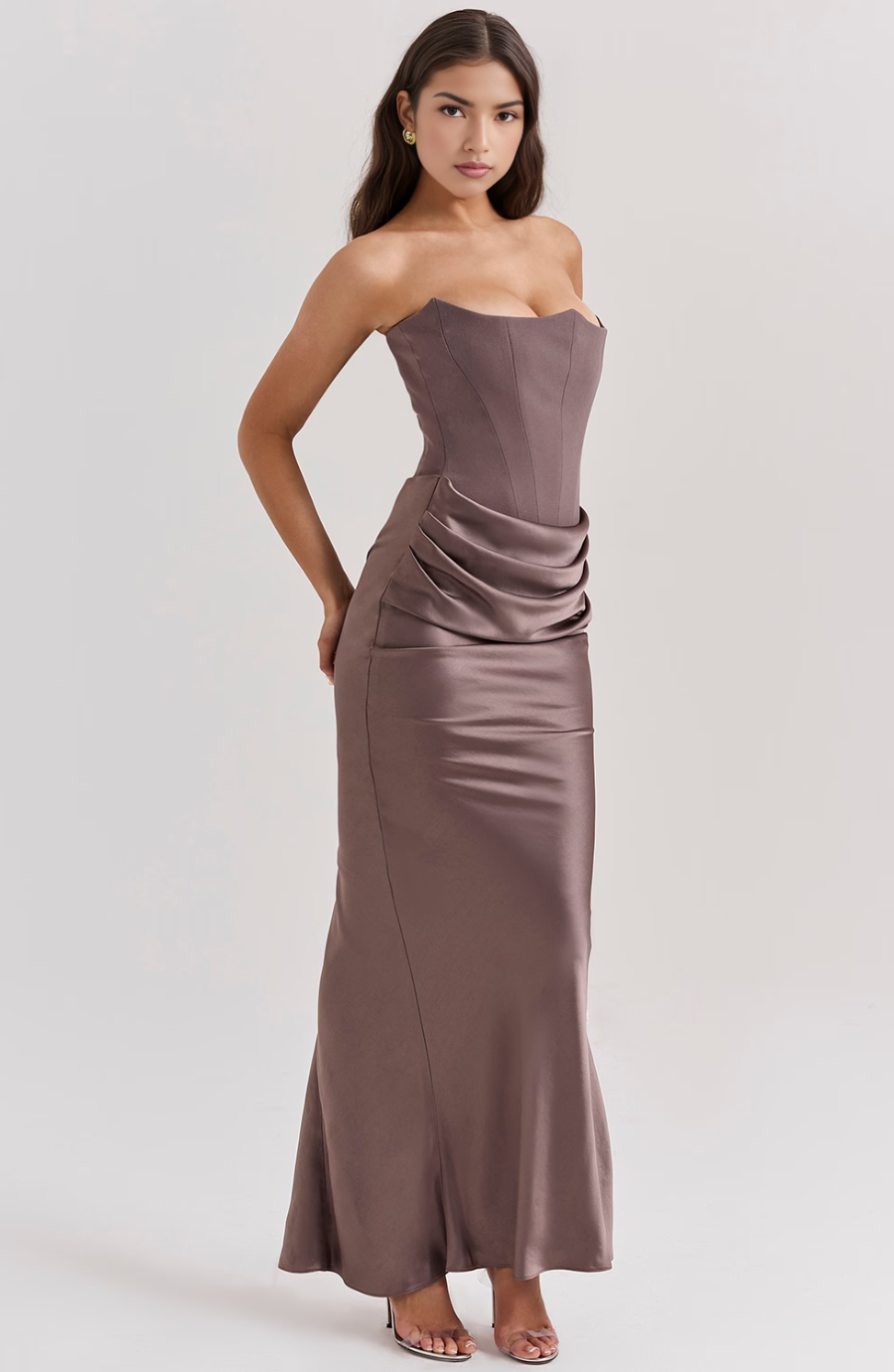 Women's formal strapless corset maxi dress, an elegant choice for evening galas and special occasions.