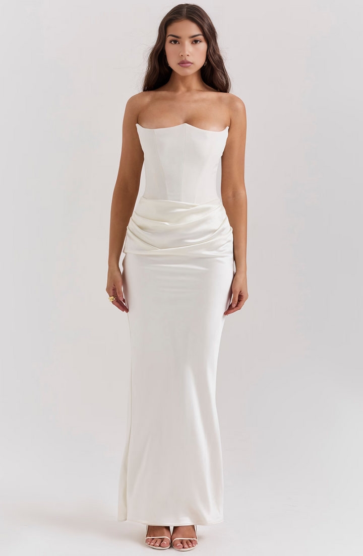 Brown strapless corset maxi dress for women, a stylish and elegant piece for modern fashion.