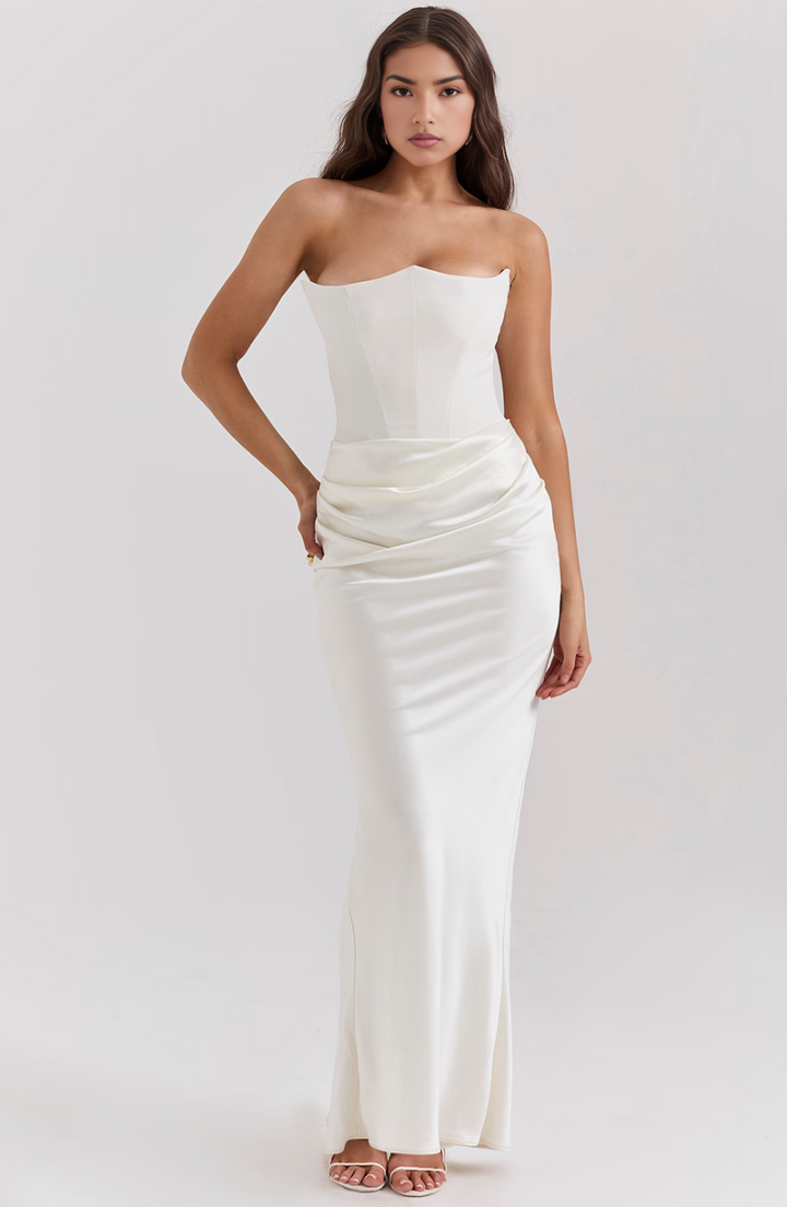 Elegant strapless maxi dress with corset details, suitable for women's formal, party & summer wear.