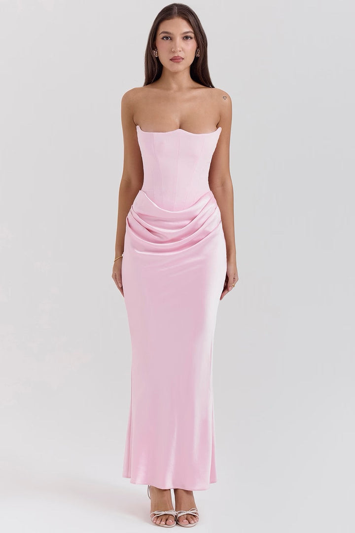 Sleek strapless corset maxi dress for women, designed for elegant evening wear and special events.