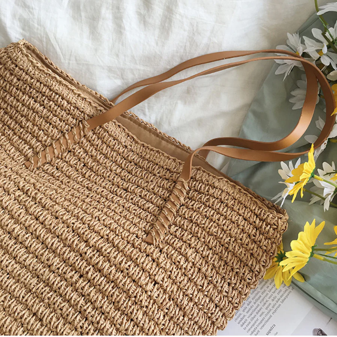Spacious brown TerraWoven women's shoulder bag. Elegant woven purse, perfect daily tote & fashion accessory.