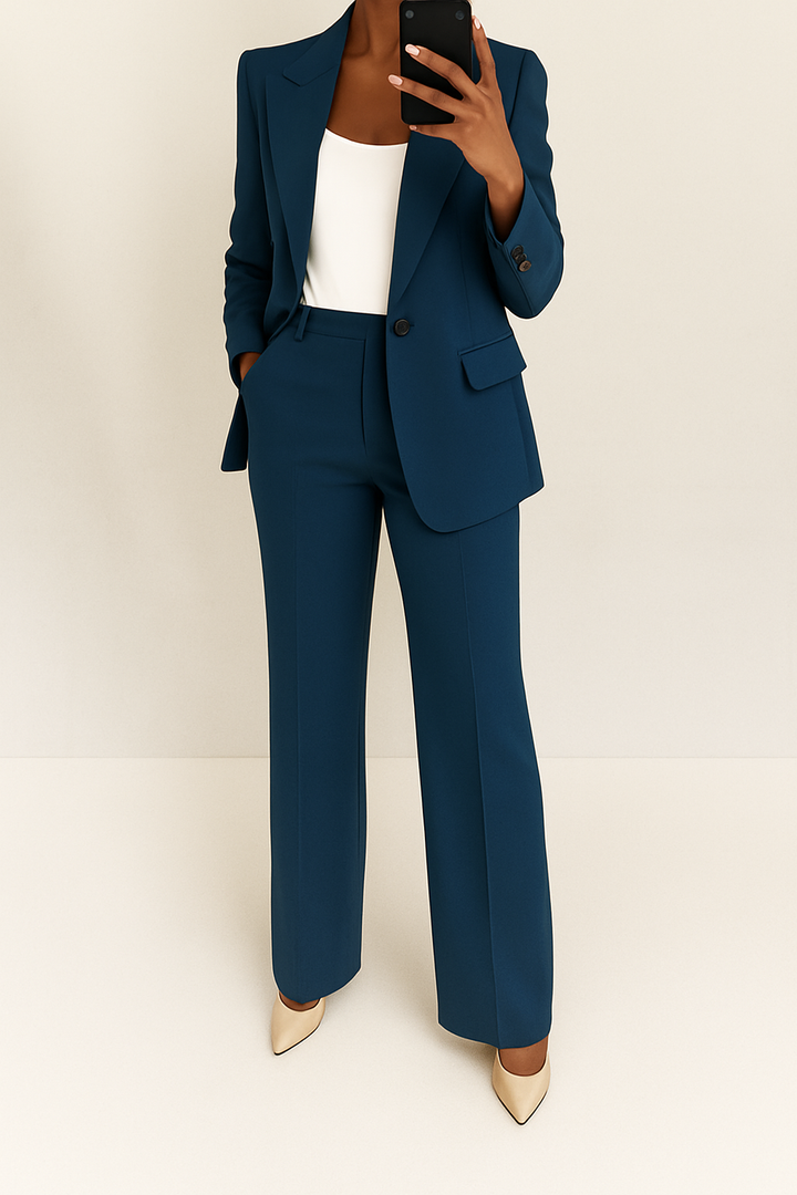 Fashionable women's two-piece suit. Versatile formal wear for professional & career events.