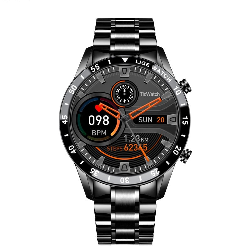 Close-up of elegant digital watch face, highlighting its health monitor features like heart rate.