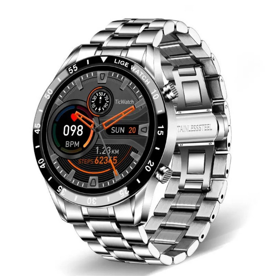 Stylish unisex smartwatch with a dark band, designed for both men and women's wrists.