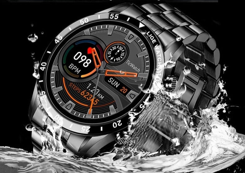 Digital smartwatch on its magnetic charger, emphasizing its long-lasting battery life.