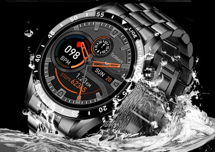 Digital smartwatch on its magnetic charger, emphasizing its long-lasting battery life.