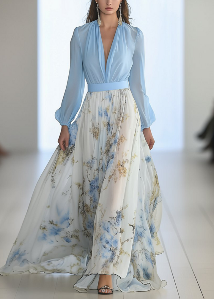 Elegant V-Neck floral maxi dress with long sleeves, features flowing skirt, perfect for occasions, shown on a mannequin.