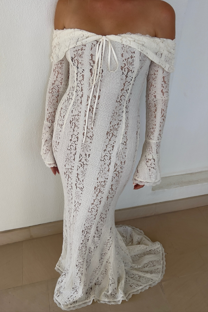 Women's fashion: elegant white off-shoulder maxi dress for formal events and party wear.