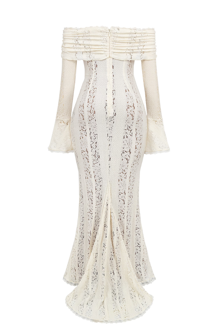 Chic off-shoulder white maxi dress, an elegant choice for wedding guests & formal evening wear.