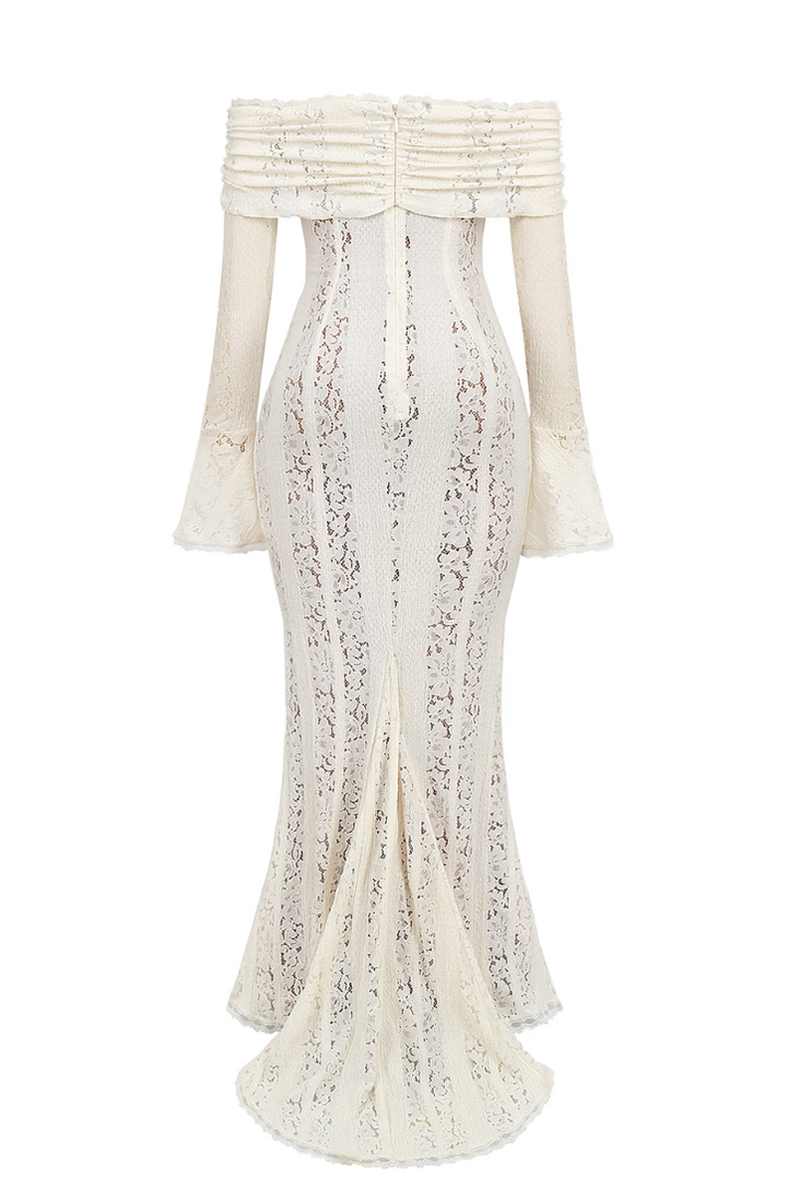 Chic off-shoulder white maxi dress, an elegant choice for wedding guests & formal evening wear.