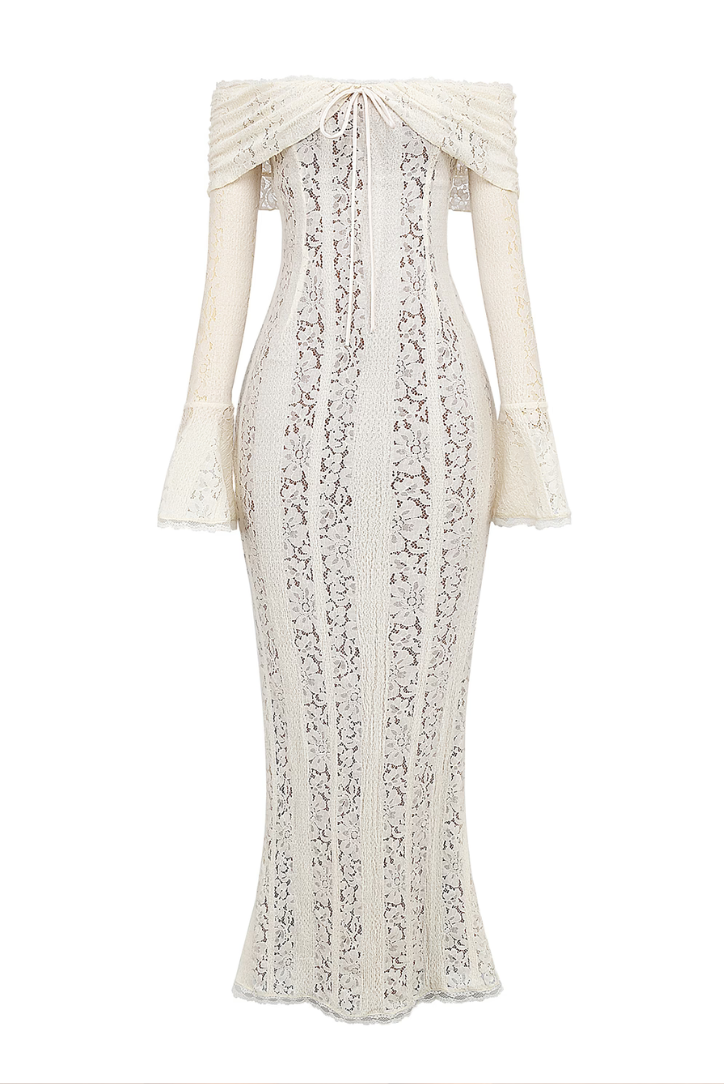 Beautiful off-shoulder white maxi dress. Elegant formal wear, perfect as a wedding guest dress or evening gown.