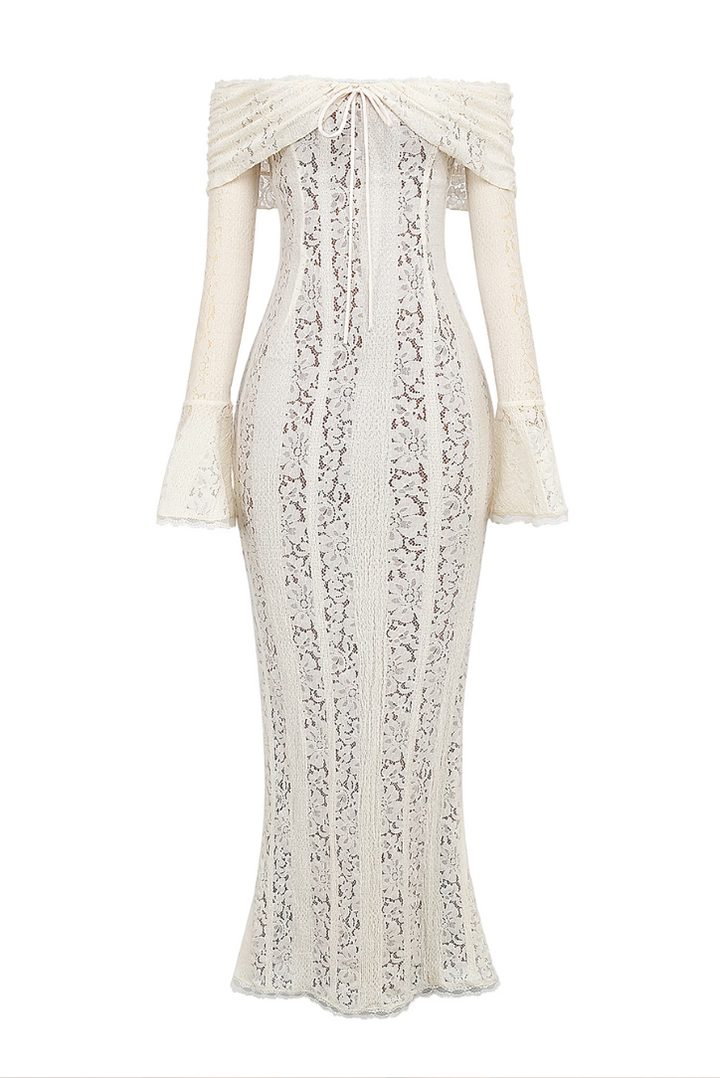 Beautiful off-shoulder white maxi dress. Elegant formal wear, perfect as a wedding guest dress or evening gown.