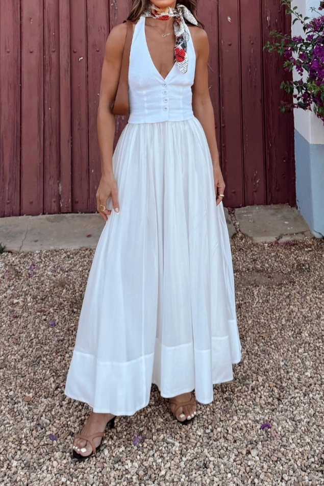 White elegant maxi dress for women, sleeveless summer style. Versatile party and evening wear with a flowing silhouette.