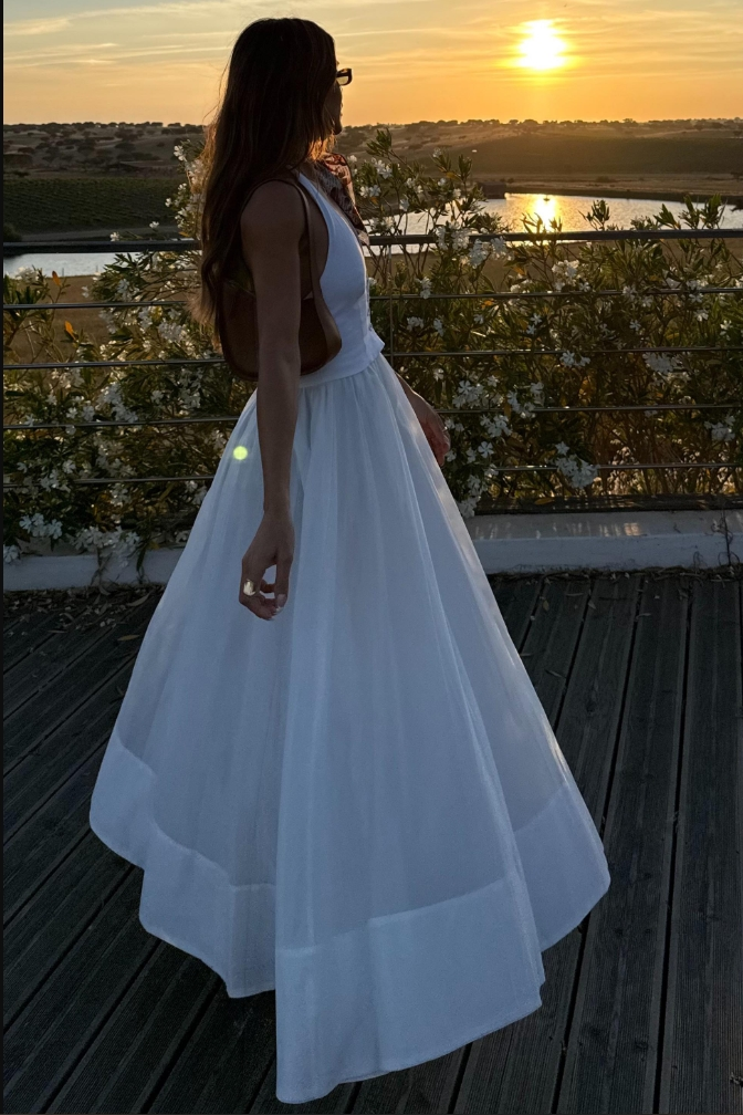 Fashionable women's elegant white maxi dress, sleeveless for summer. Perfect for parties, evenings & comfortable all-day wear.