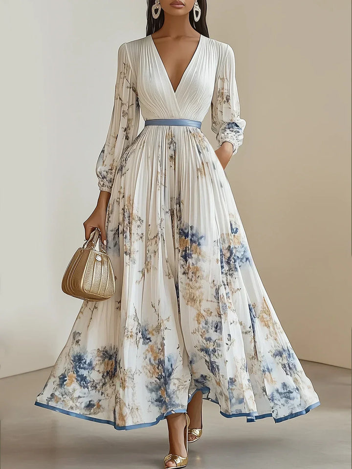 Elegant white V-neck puff sleeve maxi dress for women, perfect for formal events or parties.