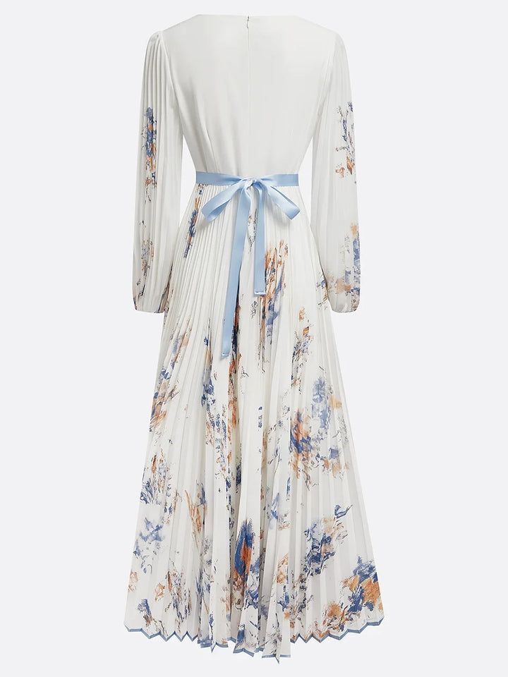 Stunning women's white formal maxi dress, V-neckline, and elegant puff sleeves for evening wear.