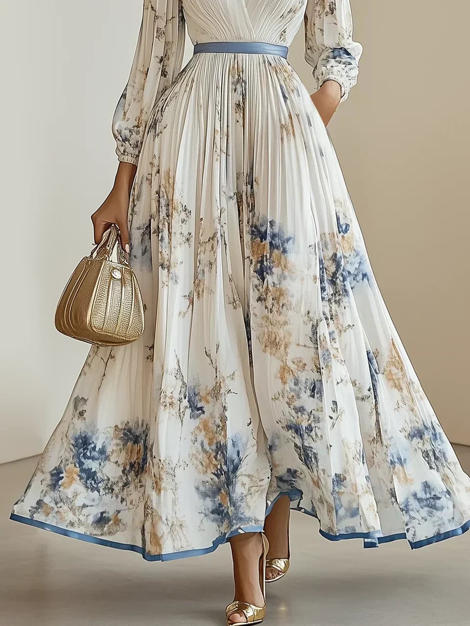 Close-up of the elegant V-neck and puff sleeves on a white maxi dress, showcasing sophisticated style.