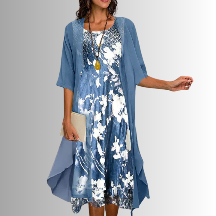 Comfortable floral print two-piece flowy dress for women, ideal for elegant summer & spring style.