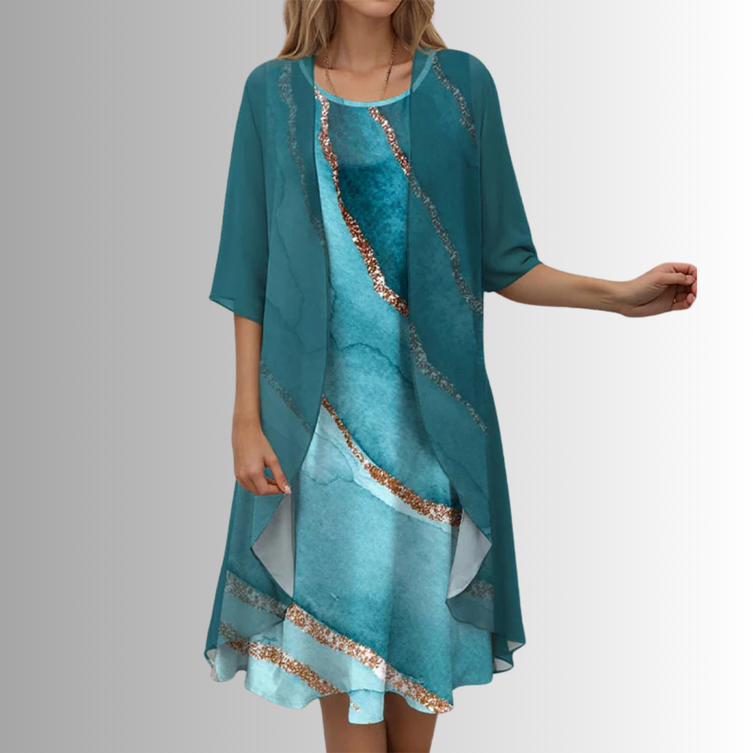 Women's elegant floral print flowy dress set, a comfortable two-piece for spring & summer occasions.