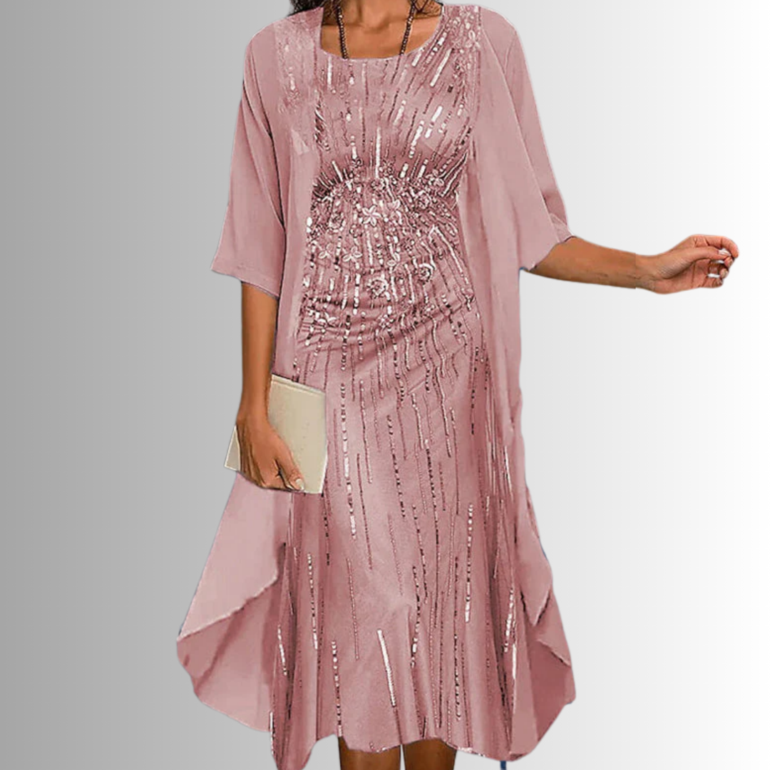 Stylish women's two-piece flowy dress, elegant floral print, perfect for summer casual chic.