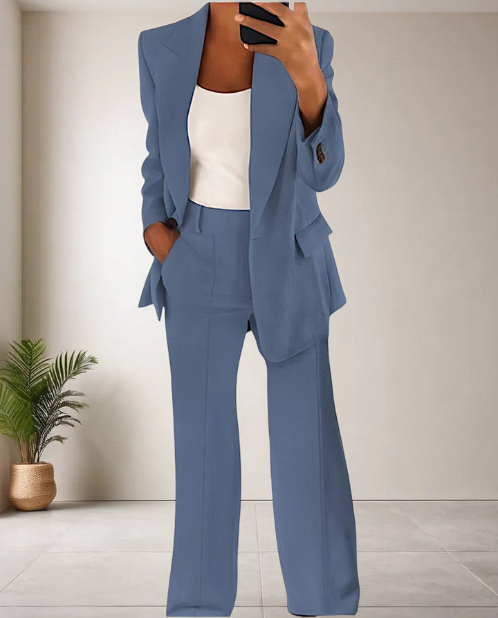 Elegant women's 2-piece pantsuit set with blazer & trousers for professional business wear or office fashion.