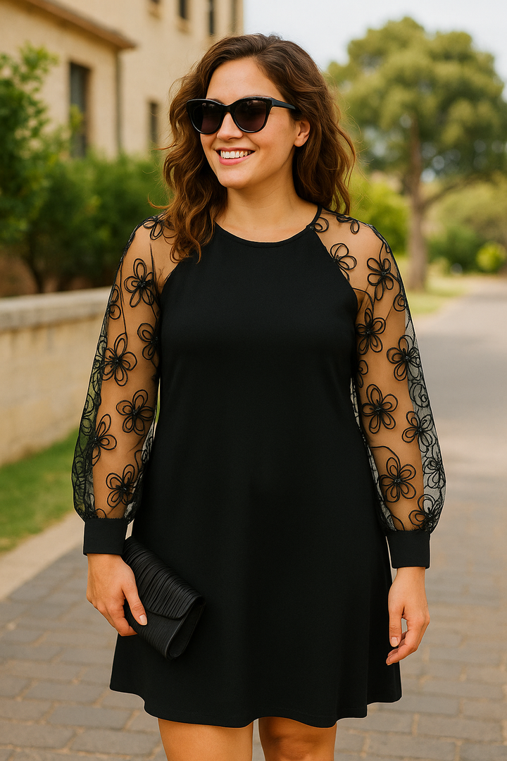 Elegant women's A-line formal dress with sheer embroidered long sleeves, ideal for evening parties & special occasions.