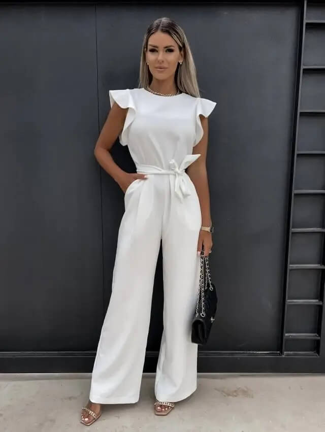 Modern asymmetric women's jumpsuit, elegant one-shoulder design for formal occasion wear.