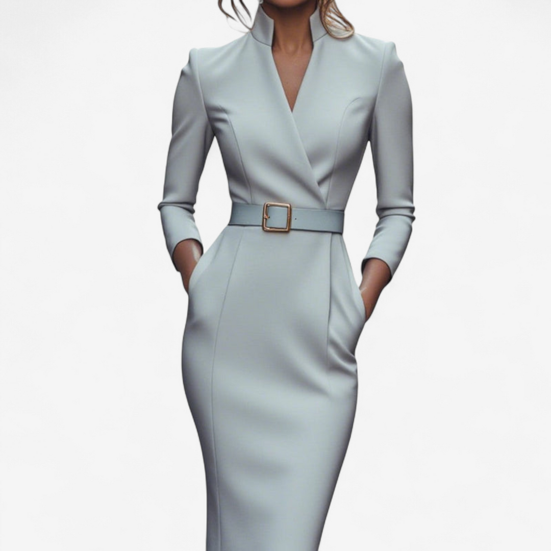 Sophisticated women's belted dress in midi length, perfect for an elegant and flattering look