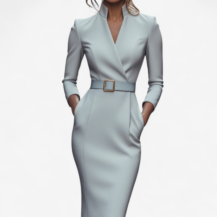 Sophisticated women's belted dress in midi length, perfect for an elegant and flattering look