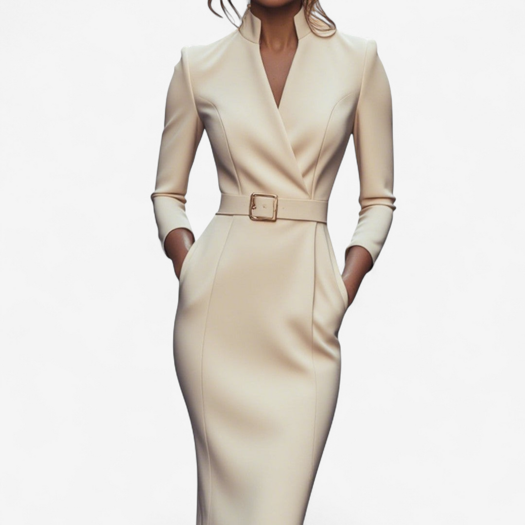 Flattering women's party midi dress with a chic belt, embodying timeless fashion
