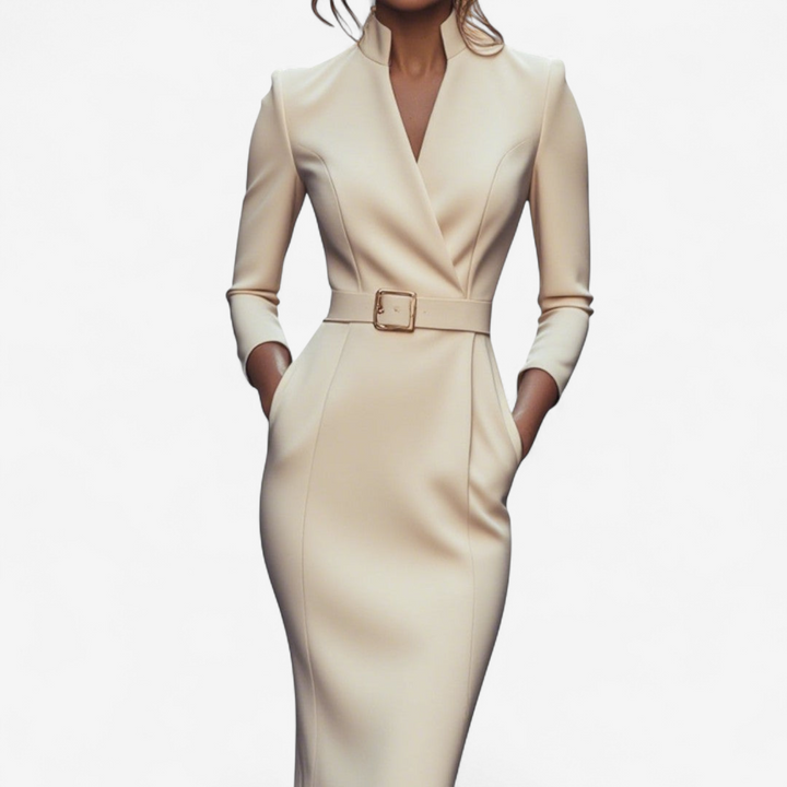 Flattering women's party midi dress with a chic belt, embodying timeless fashion