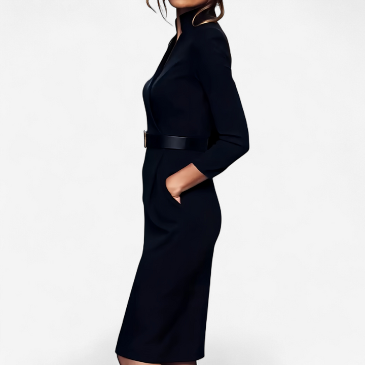 Timeless women's elegant belted midi dress, showcasing a classic and sophisticated style