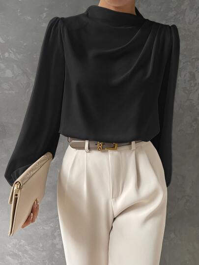 Elegant women's bishop sleeve blouse with a draped neckline, perfect for sophisticated office or evening wear.