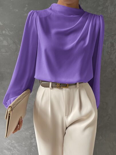 Professional women's blouse with elegant bishop sleeves and a stylish draped neckline, ideal for office fashion.