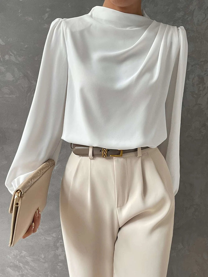 Sophisticated women's long sleeve blouse for office fashion, featuring elegant bishop sleeves and a chic draped neckline.