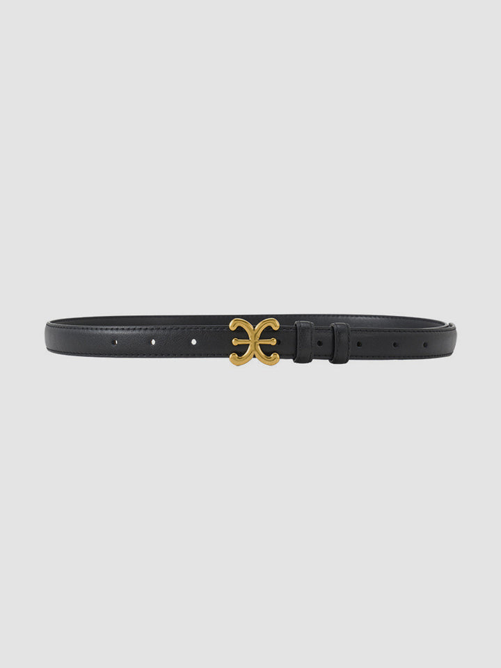 Elegant women's black leather waist belt with sculpted buckle, perfect fashion accessory for dresses & tunics.
