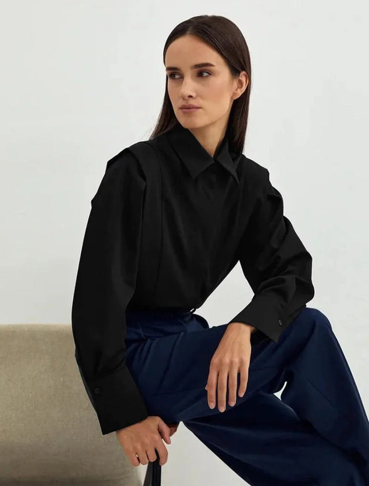 Stylish women's long-sleeve button-down square blouse, a classic elegant top for daily & business attire.