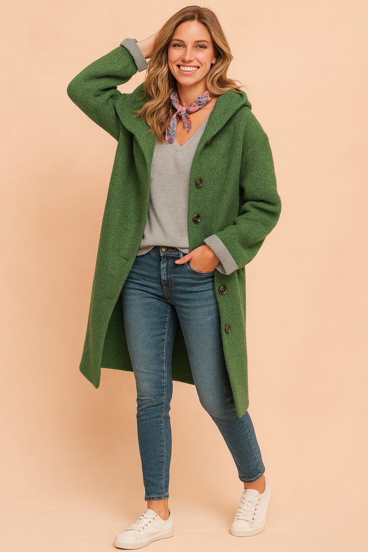 Elegant women's button-front winter coat in a rich color, perfect for stylish everyday wear & warmth.