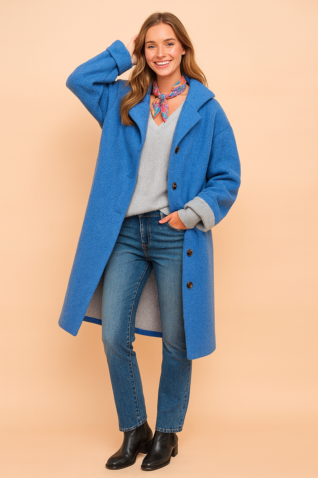 Stylish green long collared women's winter coat with button-front closure, ideal for elegant everyday outerwear.