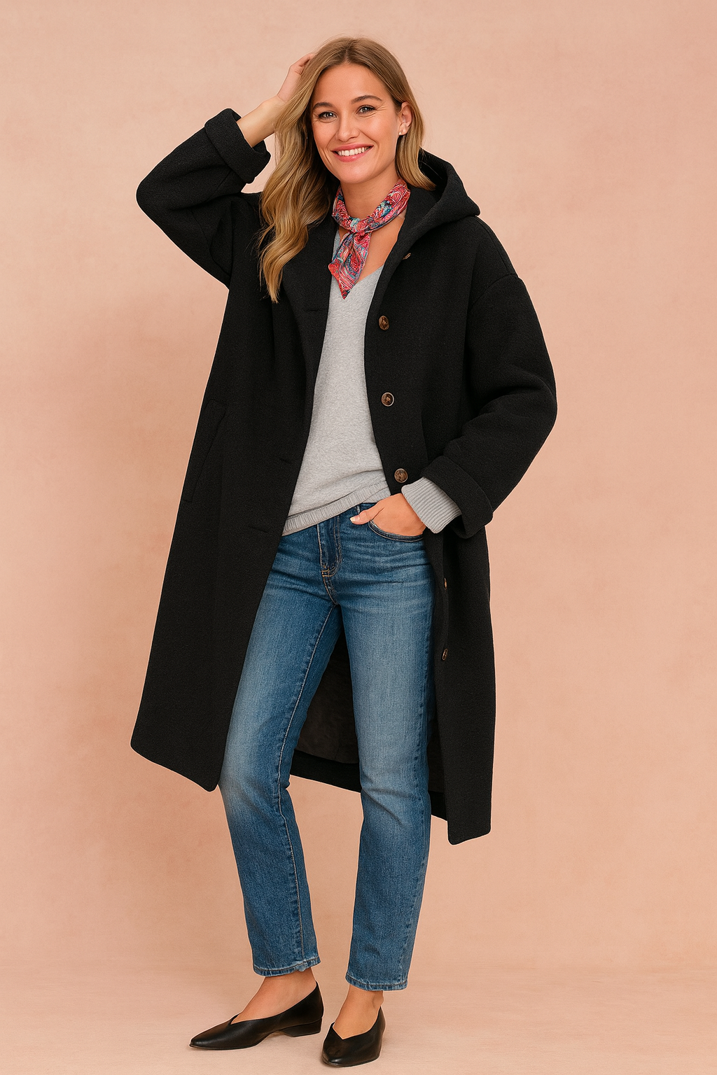 Warm black women's fashion winter jacket with elegant button-front design, great for casual & stylish wear.