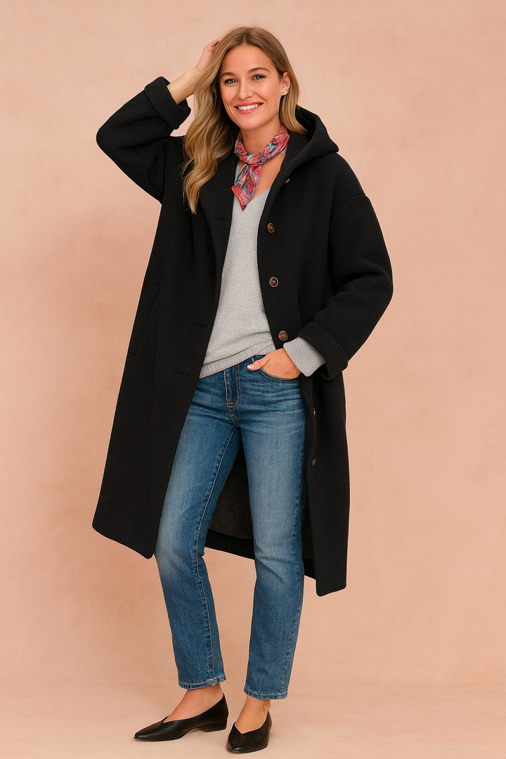 Warm black women's fashion winter jacket with elegant button-front design, great for casual & stylish wear.
