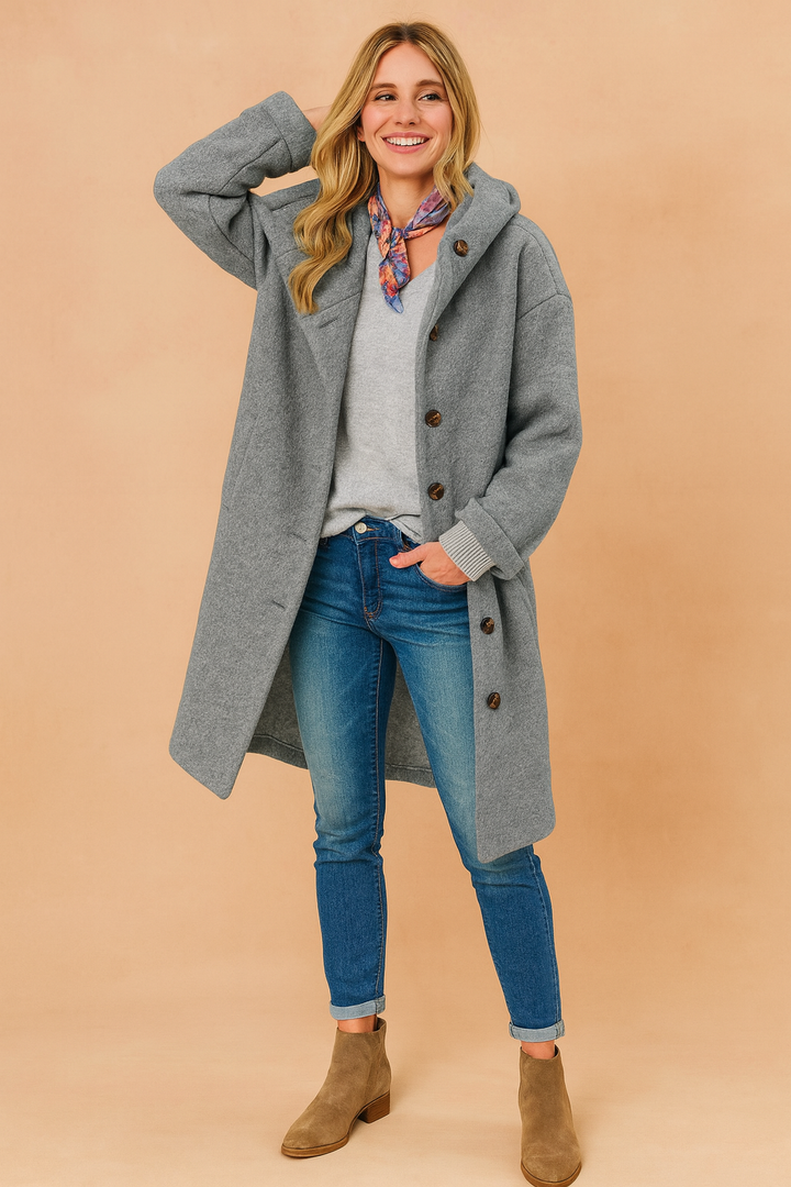 Smart blue long women's winter coat featuring an elegant button-front and warm collared design for everyday style.