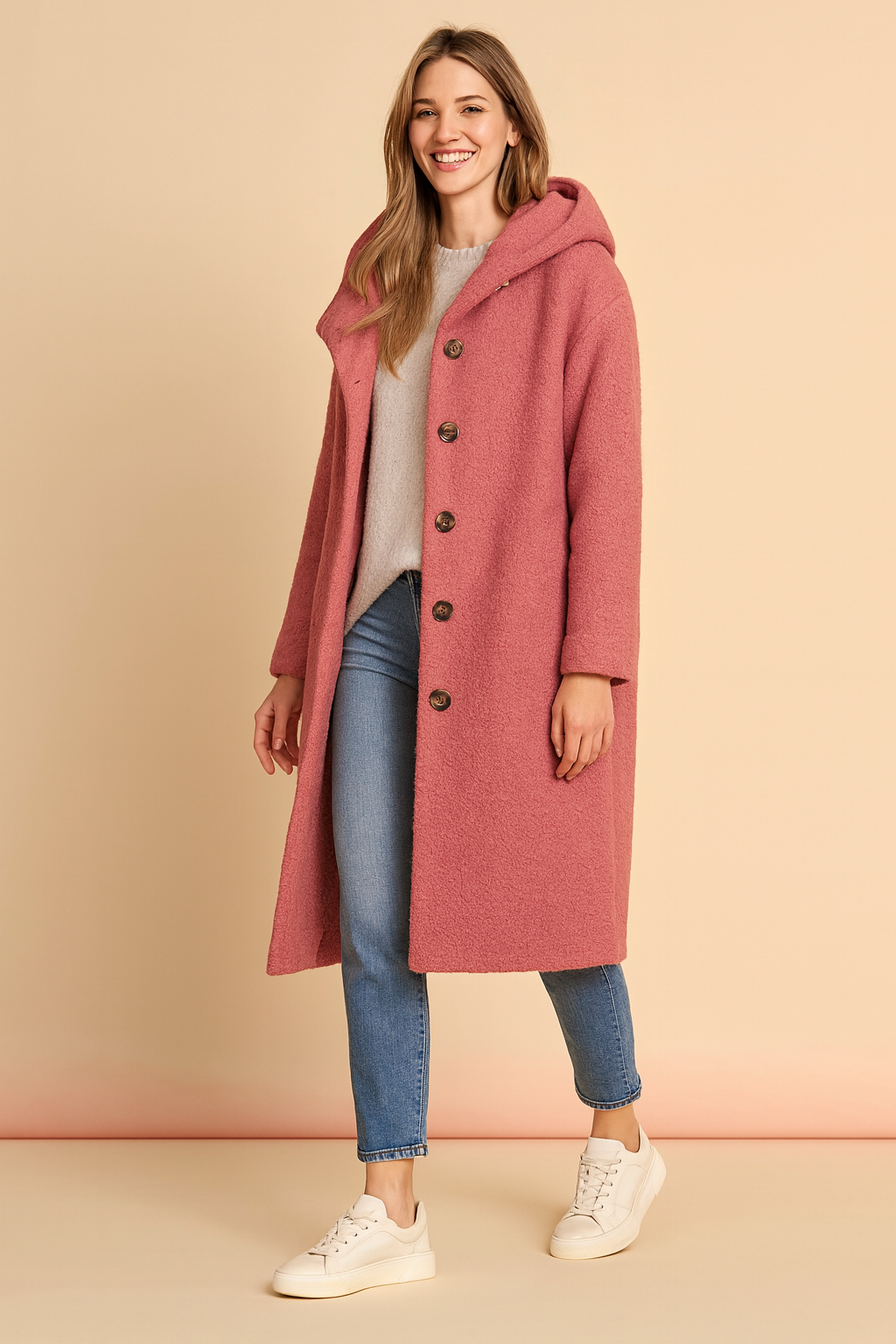 Versatile gray women's button-front winter coat, a warm and stylish long collared outerwear piece for casual fashion.