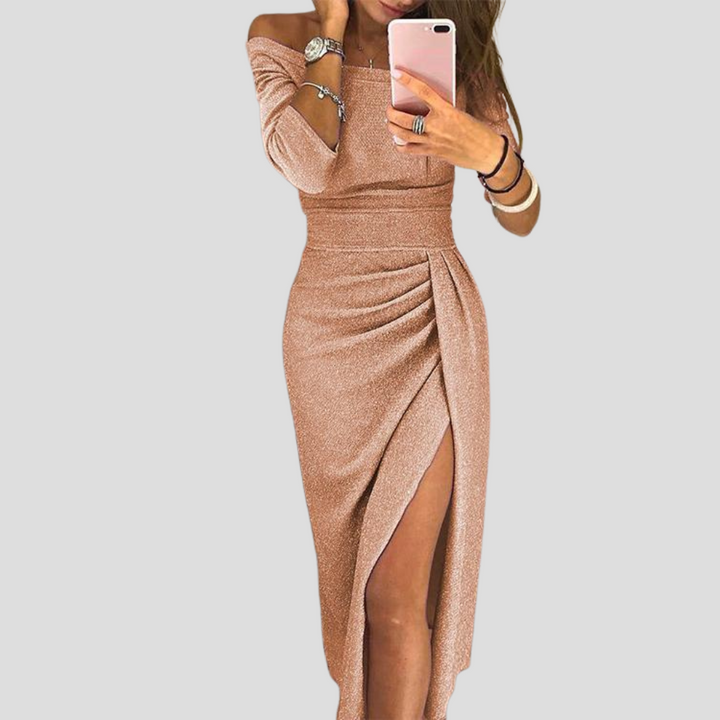 Comfortable women's cap sleeve midi dress with practical pockets. Flattering for casual wear, work, or events.